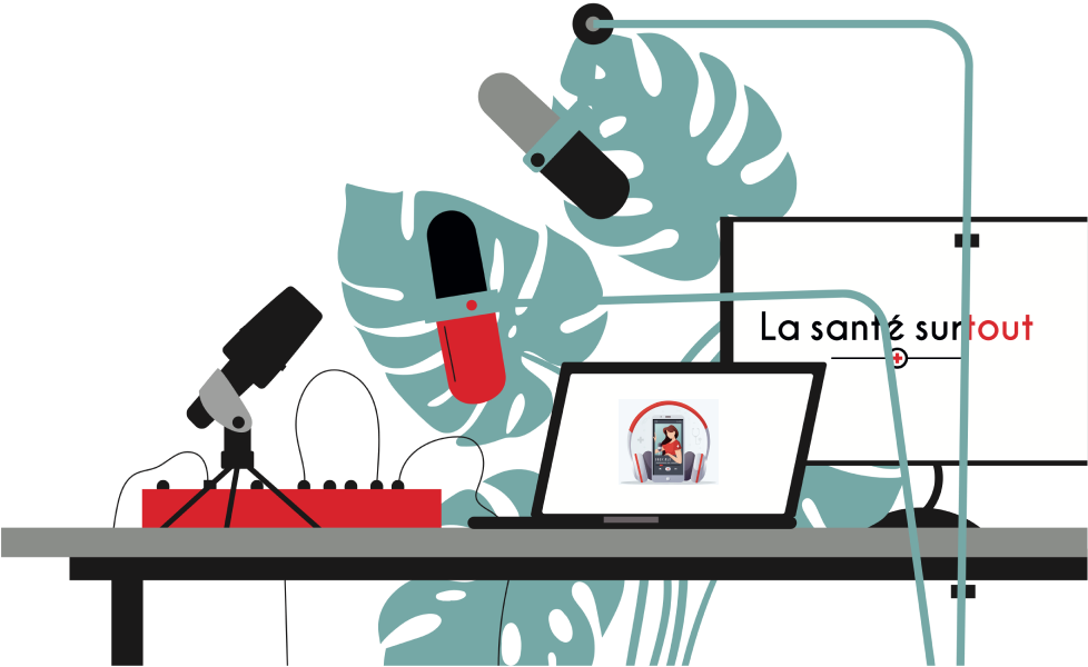 Image en flat design d'une table avec tout l'équipement nécessaire à la réalisation d'un podcast